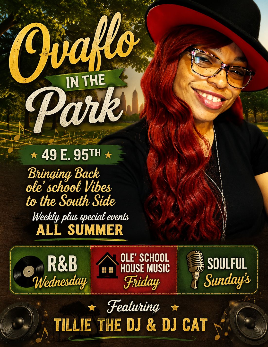 Tillie The DJ holding a microphone on the Ovaflo In The Park summer event flyer