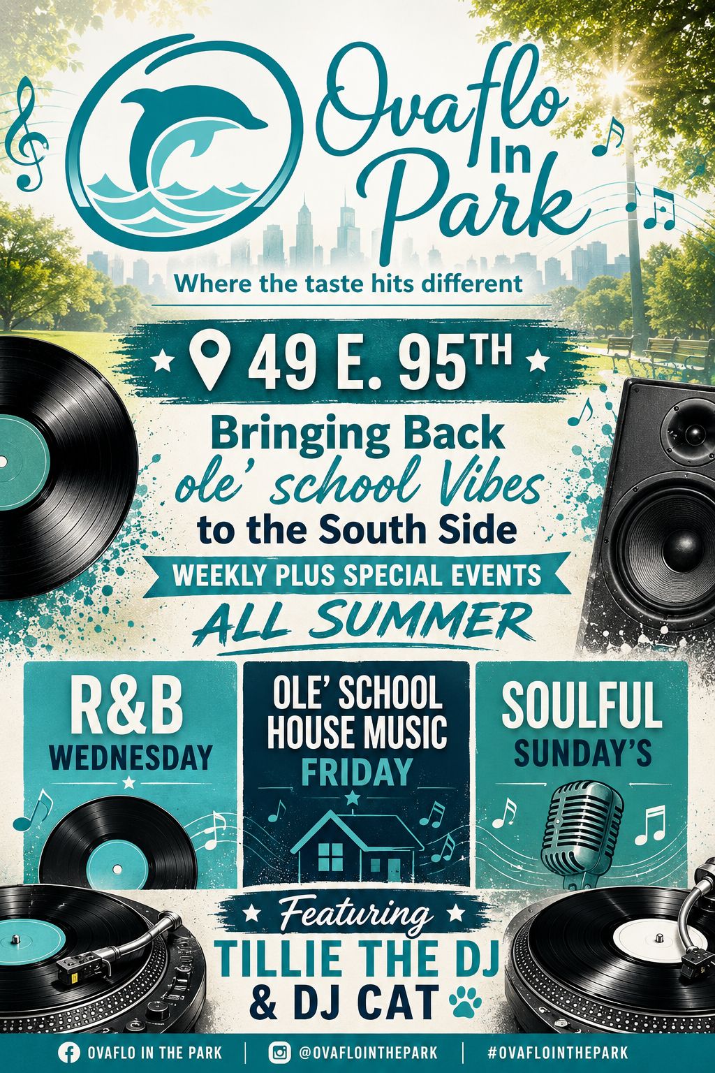 Ovaflo In The Park flyer — teal modern design with R&B, House Music and Soulful Sundays lineup
